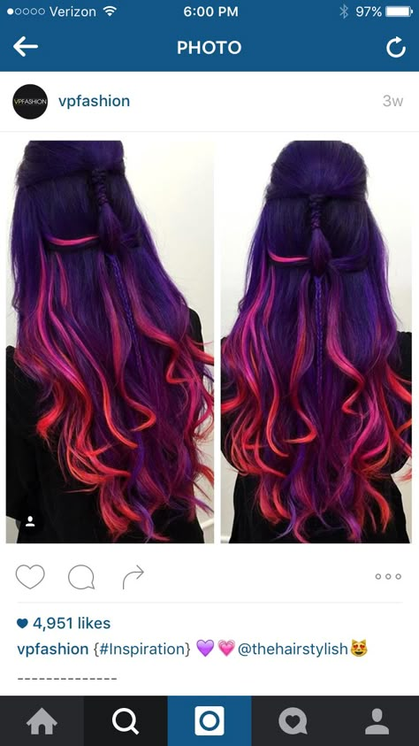 Purple hair Hair With Purple, Sunset Hair, Peekaboo Hair, Cute Hair Colors, Rainbow Hair Color, Hair Color Purple, Pretty Hair Color, Bright Hair, Ombre Hair Color