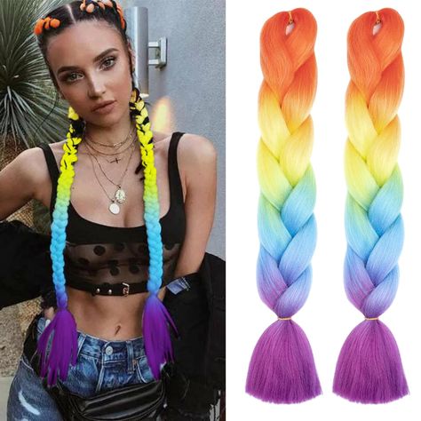 PRICES MAY VARY. 💓【Jumbo Braiding Hair Braid】: Suitable for braiding, Lenth:24 Inch, 2Pcs/Packs. Color: Colored Rainbow. Bright Hair Color, Natural Texture, you can wear such colorful braided hair at Rainbow LGBT Gay Pride Festival, it will make you more proud, personality, and make you have a special, enjoyable experience. 💓【Material】: Braiding Hair is made with high quality synthetic fiber, Natural looking and soft touch as human hair. You can DIY various new look with the Crochet Ombre Brai Pre Stretched Braiding Hair, Hair Rainbow, Rainbow Braids, Jumbo Braiding Hair, Pride Festival, Braiding Hair Extensions, Festival Inspo, Hair Twist, Bright Hair Colors