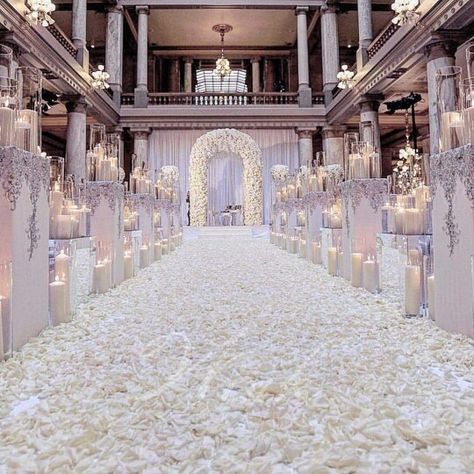 Heaven on earth😍😭 Candles And Rose Petals, White Heaven, Glamorous Wedding Decorations, Wedding Hall Decorations, White Wedding Theme, Dream Wedding Decorations, All White Wedding, Munaluchi Bride, Bridal Magazine