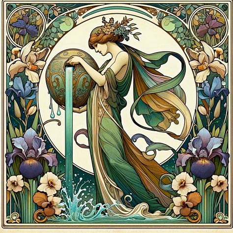 Aquarius Art Nouveau, Art Nouveau Astrology, Zodiac Aquarius Art, Aquarius Illustration, Aquarius Zodiac Art, Astrology Artwork, Nouveau Illustration, Aquarius Art, Illustration Art Nouveau