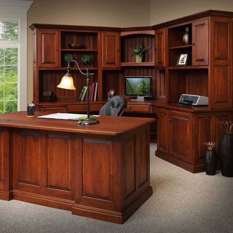 This corner desk is perfect for any home office. Shown in cherry, but also available in other woods & stains. Order just the desk or add the hutch top as well. Available in Oak, Cherry, Maple or Quartersawn Oak. This item can be customized. 89"w x 79"d x 78"h *Finished back is optional upgrade. See Stain Options!See Hardware Options! Small Corner Desk, Corner Desk With Hutch, Desk Units, Executive Home Office, Corner Desk Office, Amish Furniture, Office Set, Shabby Chic Furniture, Online Furniture Stores