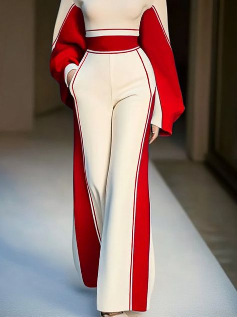 stylewe | stylewe 2piece Outfits Pants, Red And Cream Outfit, Red And White Outfit, Red Outfits For Women, Red Silhouette, Classy Vibes, Modern Tailoring, High Neck Long Sleeve Top, Colorblock Pants