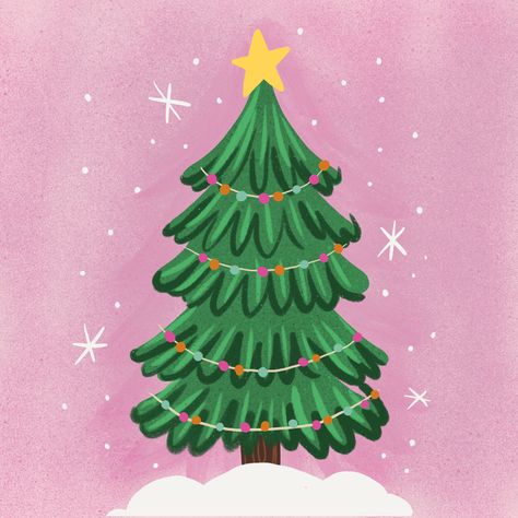 Cute Christmas Tree Painting, Cute Christmas Tree Illustration, Illustration Christmas Tree, Christmas Trees Illustration, Procreate Christmas Illustration, Christmas Prints Art, Christmas Scene Illustration, Christmas Animation Illustration, Christmas Wreaths Illustration