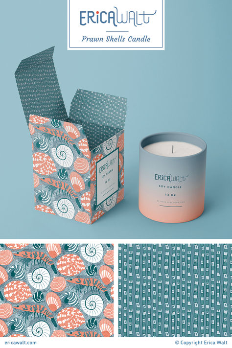 Candle packaging mockup featuring a pattern design of prawns and sea shells in dusty pink and pale turquoise. Packaging That Uses Patterns, Product Features Design Layout, Patterned Packaging, Bold Packaging Design, Soap Box Packaging, Elegant Packaging Design, Candle Packaging Ideas, Packaging Pattern Design, Bold Packaging