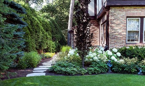 Tudor Cottage With Front Porch, Tudor House Landscaping, Historic Home Landscaping, Tudor Landscaping, Corner Lot Landscaping Ideas, Corner Lot Landscaping, Tudor Garden, English Tudor Homes, Tudor Homes