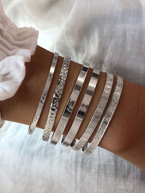 6pcs/set Textured Cuff BangleI discovered amazing products on SHEIN.com, come check them out! Bangle Bracelets Silver, Trendy Silver Jewelry, Silver Jewelry Bracelet, Xoxo Jewelry, Silver Bracelet Stack, Silver Bracelet For Women, Silver Jewlery, Bangles Silver, Mens Silver Jewelry