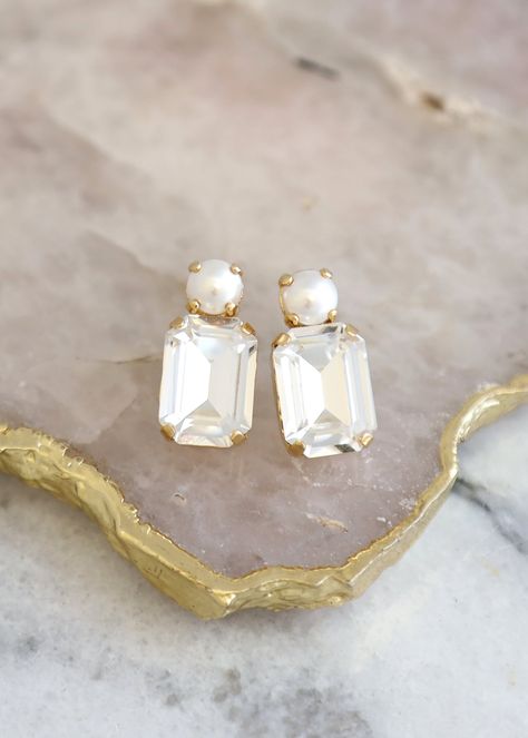 Bridal Earrings Pearl Crystal Stud Earrings Emerald Cut | Etsy Emerald Cut Earrings, Emerald Cut Stud Earrings, Bridesmaids Earrings, Earrings Emerald, Cut Earrings, Bride Earrings, Bridal Earrings Pearl, Pearl Crystal, Earrings Pearl