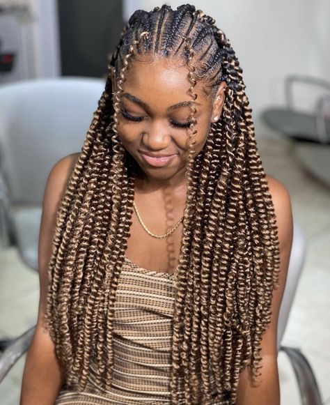 Cornrow Passion Twists Braids, Passion Cornrow Braids, Half Cornrow Half Passion Twist, Cornrow With Passion Twist Hair, Passion Twists Conrow, Passion Twist Cornrows, Passion Twist Fulani Braids, Cornrow With Crochet Hairstyles, Passion Twist With Cornrows