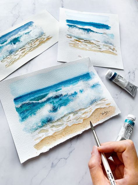 Watercolor Beach Cards, Watercolour Beach Tutorial, Watercolor Beach Tutorial Step By Step, Sea Scapes Paintings Watercolor, Ocean Waves Watercolor, How To Paint Waves Watercolor, Watercolor Inspirations Beginner, Watercolor Waves Tutorial, Watercolour Beach Painting