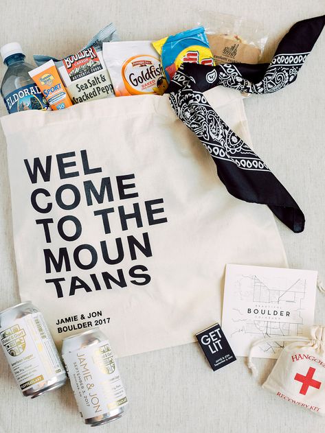 Wedding Guest Welcome Bags, Guest Welcome Bags, Destination Wedding Welcome Bag, Mountain Top Wedding, Wedding Week, Wedding Favors Cheap, Wedding Inside, Wedding Gift Bags, Wedding Welcome Bags