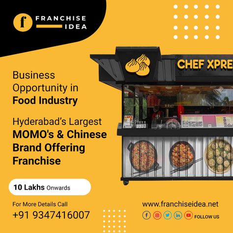 Business Opportunity in Food Industry Hyderabad's Largest MOMO's & Chinese Brand Offering Franchise For More Details Call : +919347416007 #franchiseidea #hyderabad #profitablebusiness #branding #kitchenequipment #rawmaterial #trainingsupport #marketing Franchise Opportunities, Africa Art, Business Opportunity, Profitable Business, Food Industry, Business Opportunities, Hyderabad, Branding, Marketing