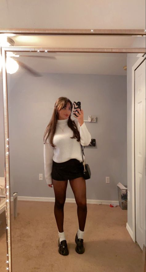 Shoes That Go With Mini Skirts, Black Skirt Outfit Winter Tights, Mini Dress With Sweater Over It, Chunky Sweater And Mini Skirt Outfit, Sweater Skirt And Tights Outfit, How To Style Mini Skirts With Tights, Stockings And Socks Outfit, White Leather Skirt Outfit Fall, Sweater Dress Loafers