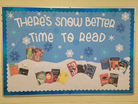 Literacy Boards Display, Winter Buliton Board Ideas, Winter Bulletin Boards Library, Library Holiday Bulletin Boards, New Year Library Display, Cozy Up With A Good Book Bulletin Board, Winter Bulletin Boards For Library, Winter Library Bulletin Board Ideas, Library Winter Bulletin Board Ideas