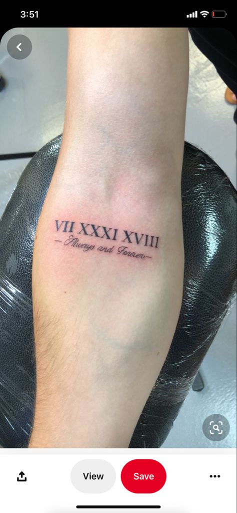 Mens Forearm Tattoo, Wedding Anniversary Tattoo, Roman Numeral Date Tattoo, Wedding Date Tattoos, Roman Numerals Tattoo, Numerals Tattoo, Roman Numbers Tattoo, Shen Long Tattoo, Heart Tattoos With Names