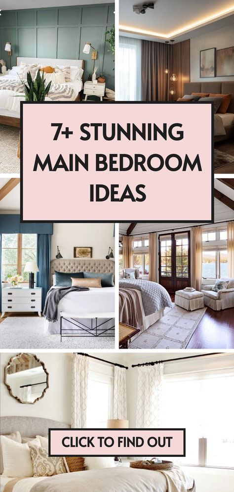 7 main bedroom ideas Long Bedroom Layout, Main Bedroom Decor Ideas, Main Bedroom Decor, Dream Bedroom Luxury, Main Bedroom Ideas, Master Suite Design, Simple Bedside Tables, Next Bedroom, Green Accent Walls