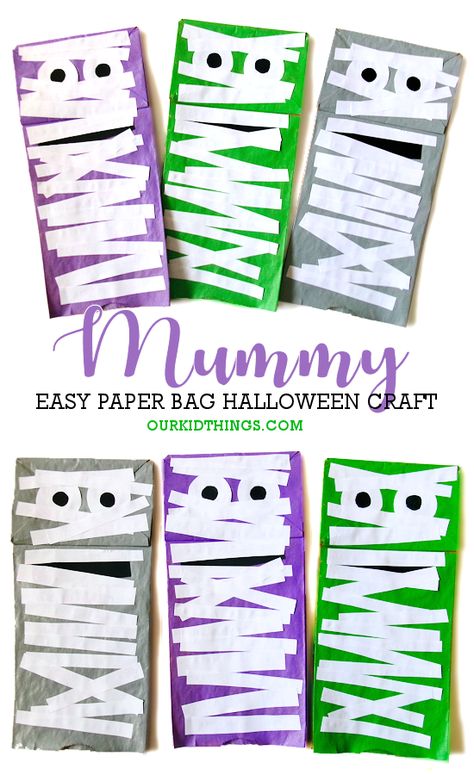 Paper Bag Mummy Craft Kids Halloween Paper Bag Craft, Preschool Halloween Bags Diy, Halloween Crafts For Prekindergarten, October Craft Ideas For Preschoolers, October Projects For Preschoolers, Prek Learning Crafts, Easy Halloween Craft For Preschool, Halloween Paper Sack Crafts, Halloween Projects Toddlers