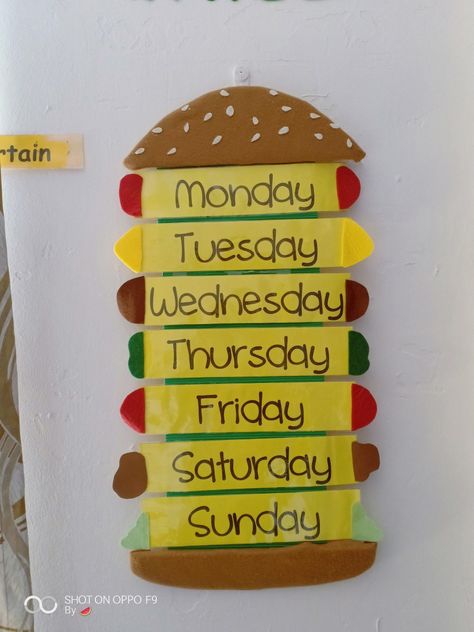 Alphabet Board Ideas Classroom, Days Of Week Chart Preschool, Days Of The Week Classroom Decoration, Days Of The Week Chart Classroom Decor, Flower Crafts Kids, School Art Activities, School Board Decoration, Kindergarten Classroom Decor, Preschool Classroom Decor