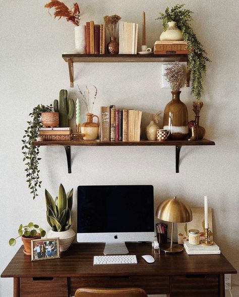 Above Desk Shelves, Shelf Over Desk, Shelf Above Desk, Witchy Desk, Shelves Above Desk, Above Desk, Moving Mountains, Collection Decor, Desk Areas