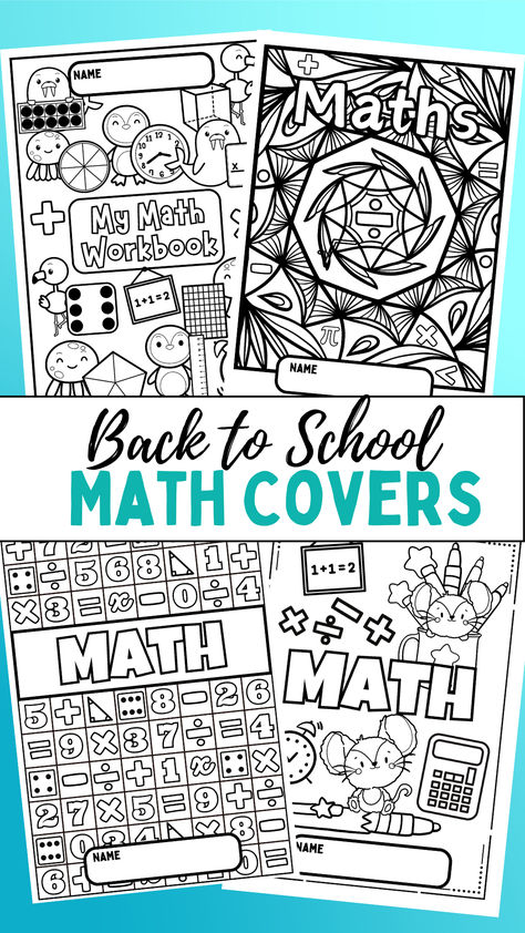 If you're heading back to the classroom soon and planning your first math classes, check out these funky math cover pages! Lots of different templates and variations - covering both MATH and MATHS spelling. The set includes cute designs targeted at lower years and some more detailed coloring versions for upper elementary. Students can use for their workbook cover or inside title page. Lots of fun coloring for these first days back at school! Math cover coloring pages, Printable math covers. Math Cover Page, Maths Cover Page, Maths Notebook Cover Ideas, Math Binder Cover, Math Notebook Cover, Math Binder, Workbook Cover, Classroom Charts, Title Pages