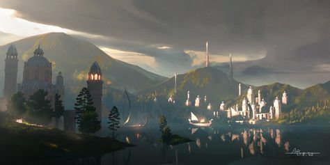 ArtStation - Grey Havens（ Mithlond）-fanart, Aobo Wang Grey Havens Lord Of The Rings, Snowy Kingdom Fantasy Art, Foggy Fantasy City, Grey Havens, Snowy Castle Fantasy Art, Snow Mountain Fantasy Art, Fantasy Concept, Fantasy Concept Art, Fantasy Inspiration