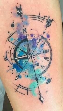 A Compass Tattoo, Watercolor Compass Tattoo, France Tattoo, Compass Tattoos, Puzzle Piece Tattoo, Rose Clock, Compass Tattoo Design, Scar Tattoo, Wind Rose