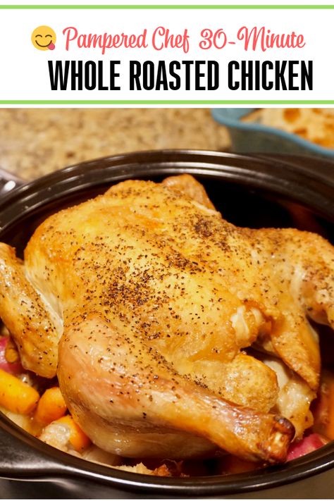 Quick 30-minute chicken in my RockCrok from Pampered Chef! Rubbed down with an amazing garlic and herb rub! With a simple 5 minute prep, amazing herb rub, and 25 minutes cook-time, this Chicken Recipe is amazing!  #Whole #Chicken #RockCrock #Pampered #chef #30minutes  via @mommacan Pampered Chef Rockcrok, Rockcrok Recipes, Rock Crock Recipes, Crock Meals, Cooking Whole Chicken, Pampered Chef Recipes, Whole Roasted Chicken, Quick Chicken, Whole Chicken