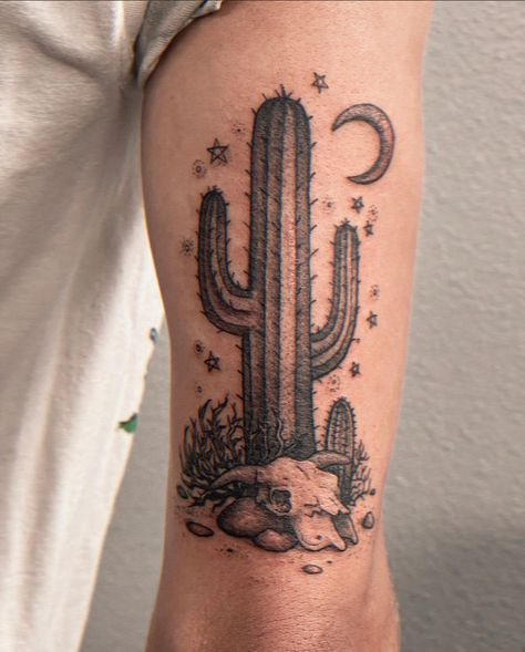 Black And Grey Cactus Tattoo, Southwestern Tattoo, Saguaro Tattoo, Tattoo Hombre Brazo, Desert Tattoos, Cactus Tattoos, Grandma Tattoo, Desert Tattoo, Arizona Tattoo