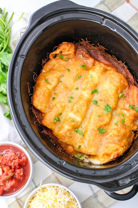 Top down view of Crockpot Chicken Enchiladas via @jugglingactmama Enchiladas Crockpot, Slow Cooker Chicken Recipe, Crockpot Chicken Enchiladas, Top Down View, Easy Slow Cooker Chicken, Enchilada Soup, Red Enchilada Sauce, Chicken Slow Cooker Recipes, Dinner Appetizers