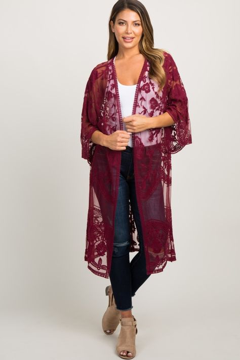 Burgundy Lace Mesh Long Kimono Lace Kimono Outfit Dressy, Country Concert Outfit Winter, Kimono Outer, Plain Suits, Concert Outfit Winter, Eden Moon, Moon Lee, Kimono Outfit, Mode Kimono