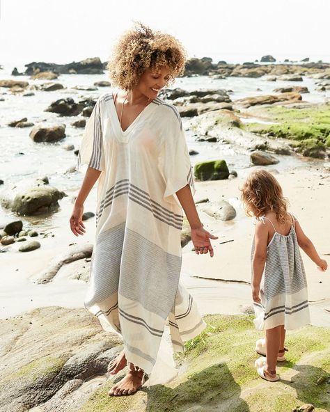 PONDICHÉRIE on Instagram: “Petite Pondi ➰ on sale now” Mom Beach Outfit, Beach Attire For Women, Boho Caftan, Beach Caftan, Knotted Fringe, Summer Family Photos, Beach Kaftan, Beach Attire, Summer Linen Dresses