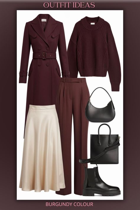 modern capsule wardrobe, featuring individual items in rich Wine Burgundy. The capsule includes a tailored wool coat, high-waisted trousers, a chunky knit sweater, and a sleek midi skirt. Include accessories like a leather handbag and ankle boots. Each item carefully arranged, displaying textures such as soft knits, smooth leather, and structured fabric. The colors stand out, emphasizing the elegance and warmth of the fall season Wine Sweater Outfit, Modern Capsule Wardrobe, Ankle Boots Outfit, Wine Sweater, Structured Fabric, Boots Outfit Ankle, Travel Outfit Summer, Chunky Knit Sweater, Fashion Capsule