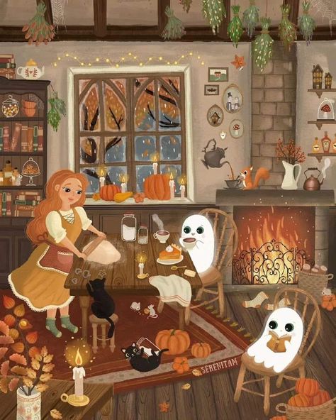 Tea pours itself for squirrel. Art by SÉRÉNITAME Cozy Rainy Day, Photo Halloween, Spooky Art, Art Mignon, Halloween Illustration, Halloween Vintage, Arte Inspo, Witch Art, Halloween Pictures