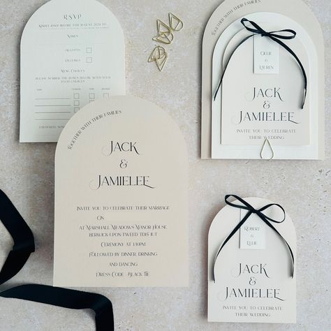 In love with these modern on trend wedding invitations I made recently for Jamielee & Jack. Make a lasting impression on your guests from the moment they open the envelope. Designed for modern couples who appreciate style and elegance. #blacktiewedding #blacktie #WeddingInvitations #ModernCouples #weddingbow #minimalistwedding #WeddingTrends2024 #Elegantinvites #weddinginspiration #bride #savethedate #londonbride #northeastbride #northumberlandwedding #rockmywedding #wedvibes #lovedupnorth Arch Invitation, Wedding Invatations, Modern Wedding Invitation Suite, London Bride, Luxury Wedding Invitations, Shaped Cards, Wedding Bows, Invitation Card Design, Wedding Invitation Sets