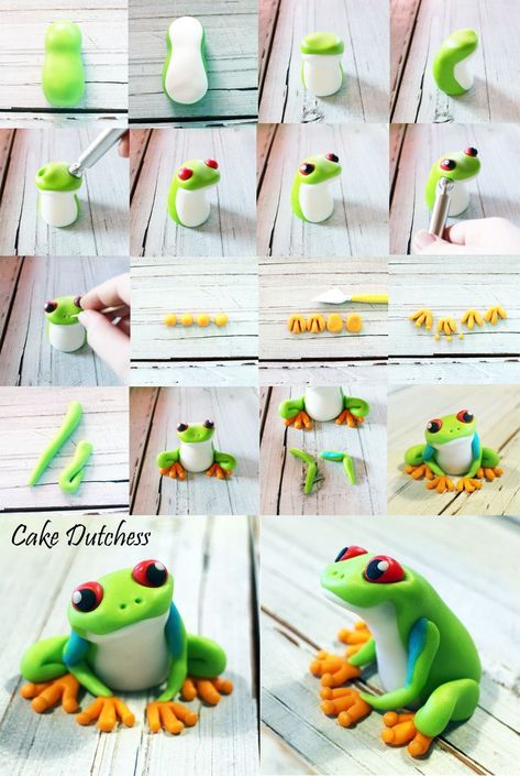 Frog Cake Topper, Polymer Clay Kunst, Frog Cake, Frog Crafts, Fondant Cake Toppers, Clay Crafts Air Dry, Polymer Clay Diy, Polymer Clay Animals, Polymer Crafts