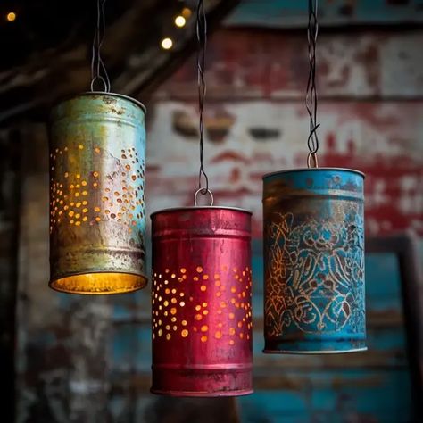 Upcycled Tuna Cans, Tim Can Lanterns, Diy Tin Can Lanterns, Recycled Cans Ideas, Soda Can Lanterns, Tin Can Roof, How To Rust Tin Cans, Recycled Candle Holders, Tin Can Art Diy Ideas