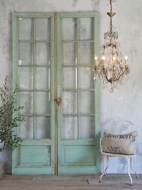 Classic old panelled shop entry doors each with 10 bevelled glass windows. Original spearmint green finish reminiscent of a pharmacy or sweet shop! Circa 1920. Shabby Chic Closet, Closet Door Ideas, Ruangan Studio, Salvaged Doors, Chic Closet, Vibeke Design, Decoration Shabby, Doors Repurposed, Shop Doors