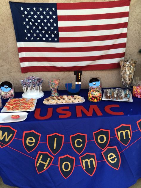 USMC welcome home party dessert table Marines Welcome Home Party, Marine Coming Home Party, Welcome Home Marine Party, Marine Welcome Home Party, Marine Graduation Party, Marine Party Ideas, Welcome Home Marine, Welcome Home Party Ideas, Usmc Party