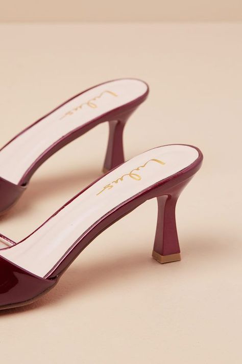 Honorine Burgundy Patent High Heel Slide Sandals Check more at https://beautyfashionideas.com/heels/honorine-burgundy-patent-high-heel-slide-sandals/ Burgundy Sandals, Iconic Looks, Size 11 Heels, Sandal Heels, Leather High Heels, Heel Sandals, High Heel Sandals, Cocktail Dresses, Slide Sandals