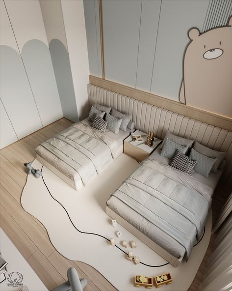 Cute double bedroom for boys! It's decorated in relaxing beige and blue tones, a wooden floor, and bright, quirky decorations. Ideal for dreams and discoveries. Kids Room Design For 2, Kids Room Double Bed, 2 Beds In One Room Ideas Aesthetic, Bedroom For 2 Boys, 2 Boys Bedroom Ideas, Kids Bedroom Minimalist, Kids Room Design Boys Bedroom Ideas, Double Bedroom Ideas, 2 Bed In One Room Ideas