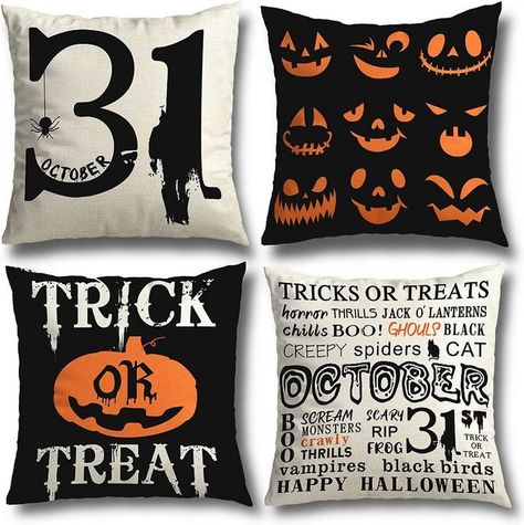 Halloween Decorations Pillow Covers 18x18 Set of 4 Trick or Treat Throw Pillow Covers Decor Indoor Outdoor Holiday Rustic Linen Pillow Case for Sofa Couch Halloween Decorative for Home Clearance Halloween Decor Indoor, Halloween Pillow Case, Halloween Pillows Covers, Halloween Throw Pillow, Halloween Pillows, Farmhouse Home Decor, Halloween Trick Or Treat, Linen Pillow Cases, Halloween Hacks