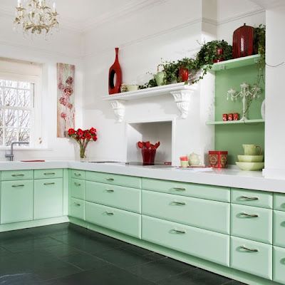 mint and red kitchen (flip the color to the walls and the white to the cabinets) then add white to the mint for the fireplace. Mint Green Kitchen, Mint Kitchen, Green Kitchen Accessories, Kitchen Cabinets Pictures, Colorful Kitchen Decor, Green Kitchen Cabinets, Casa Vintage, Green Cabinets, Modern Kitchen Cabinets