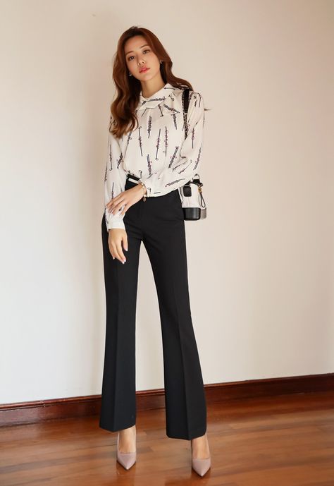 styleonme--High-Waisted Boot-Cut Slacks--48057 48063-- Neck Tie Blouse, Tie Blouse, Clean Laundry, Chain Ring, Beautiful Fashion, Shopping Mall, Boot Cut, Neck Tie, New Arrivals