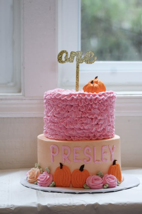 Fall Theme One Year Birthday, Pink Pumpkin 1st Birthday Cake, Pink Pumpkin First Birthday Cake, Pink Pumpkin Birthday Cake, Pumpkin First Birthday Girl Cake, First Birthday Pumpkin Cake, Pumpkin Birthday Cake Girl, Our Little Pumpkin Is Turning One Cake, Pumpkin Theme 1st Birthday