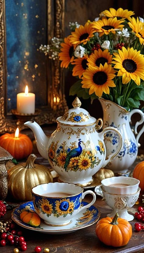 A cup of tea in Autumn time - AI creation Art Deco Artwork, Autumn Tea, Autumn Magic, Modern Flower Arrangements, Coffee Photography, China Tea, Modern Flower, Autumn Beauty, Good Morning Wishes