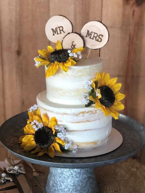 Rustic Mr and Mrs Wood Wedding Cake Topper Set Cupcake | Etsy June Wedding Cake Ideas, Simple Sunflower Wedding Cake, Rustic Sunflower Wedding Cake, Wedding Cake Display Ideas, Sunflower Wedding Cakes, Wedding Cake Sunflower, Simple Rustic Wedding Cake, Wedding Cake Diy, Barn Wedding Cake