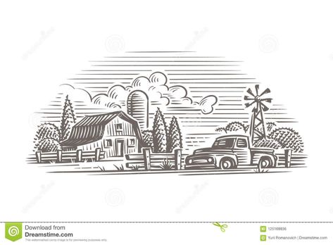 Rustic Vintage Style Farm Illustration. Vector. Stock Vector - Illustration of house, harvest: 125169936 Rural Sketch, Farming Background, Farmer Style, Farm Illustration, Farm Landscape, Industry Design, Drawing Graphic, Outline Illustration, Art Storage