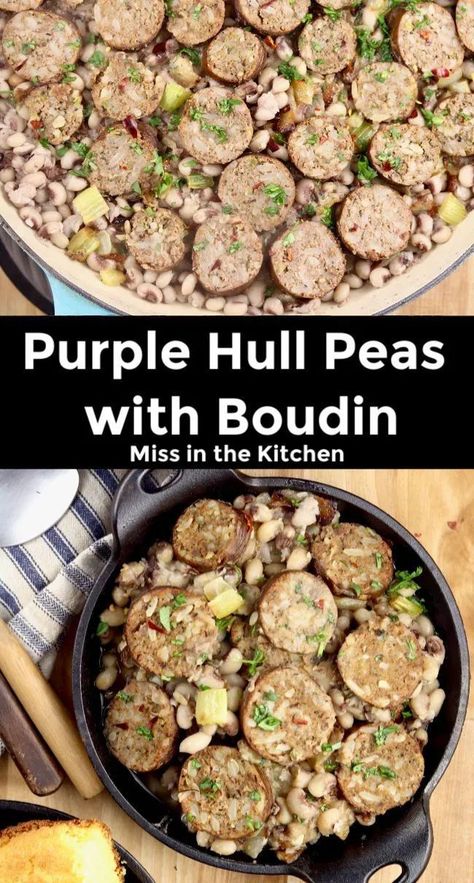 Southern Purple Hull Peas with Boudin sausage is a comforting and satisfying dinner. Similar to black eyed peas and a great dinner to kick off the new year. Slow simmered with onions, garlic and celery for a hearty and delicious meal. Boudain Recipes Dinners, Boudin Recipe Meals, Cajun Meals, Boudain Recipes, Boudin Sausage, Cajun Sausage, Kitchen Witch Recipes, Venison Steak, Easy Foods