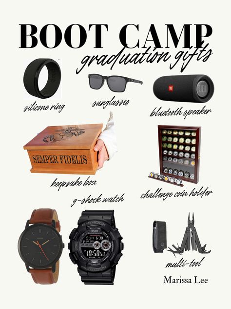 Gift ideas for military boot camp graduations (or basic military training). Men’s gift ideas (watches, military challenge coin holder, Bluetooth speaker, military keepsake box, sunglasses, silicone ring) for a service member’s graduation. Great ideas for military spouses and girlfriends! Boot Camp Party Ideas, Boot Camp Graduation Gifts, Navy Boot Camp Graduation, Basic Training Graduation, Marines Boot Camp, Boyfriend Graduation Gift, Marine Girlfriend, Basic Military Training, Boot Camp Graduation