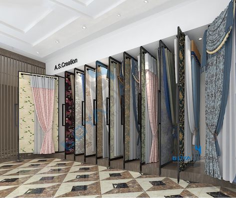 Pull-push and rotating type curtain wallpaper display rack for showroom Curtain Display, Curtain Wallpaper, Furniture Store Interior, Beige Bedroom Decor, Fabric Store Design, Showroom Inspiration, Store Shelves Design, Wallpaper Display, Showroom Decor