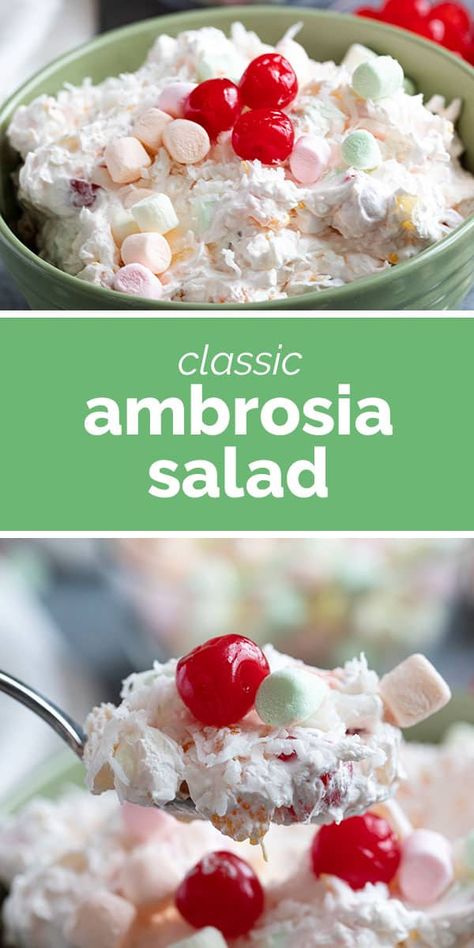 A classic fruit salad, this Ambrosia Salad is filled with oranges, pineapple, coconut, cherries, and marshmallows mixed in a whipped cream mixture. Thanksgiving Desserts Cheesecake, Snickers Salad, Ambrosia Fruit Salad, Pomegranate Salad, Food Innovation, Cranberry Salad, Southern Dishes, Ambrosia Salad, Fruit Salad Recipes